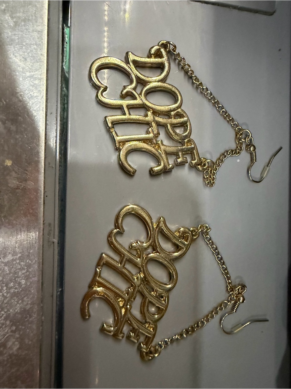Gold-Tone 'Dope Chic'Script Drop Earrings & gold branch earrings